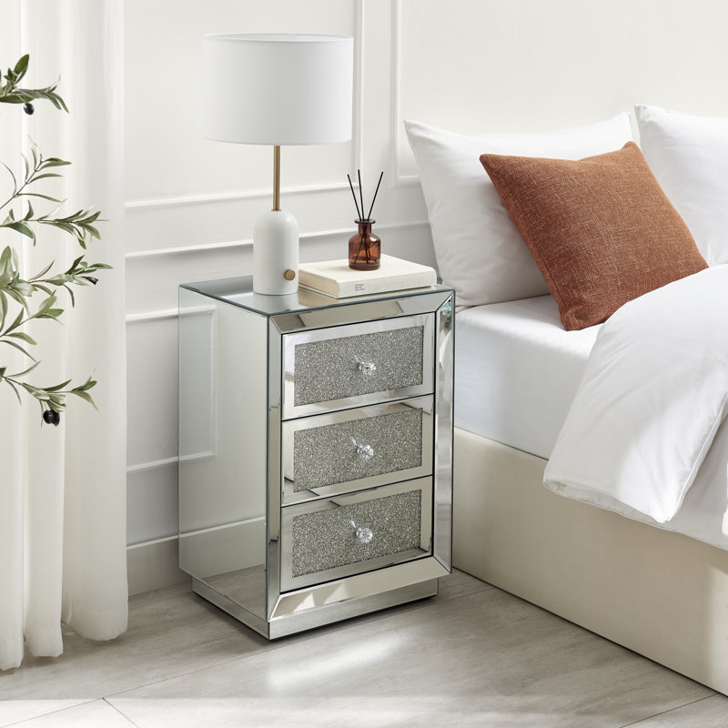 Crushed Diamond Mirrored 3-Drawer Nightstand