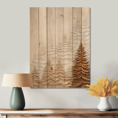 Mist Over The Pines Autumn Forest II - Paysage mural en bois sur bois de pin naturel