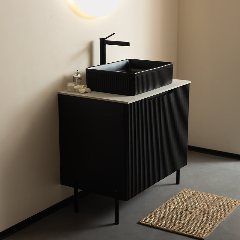 Meuble-lavabo autoportant avec 2 portes, lavabo en céramique et comptoir Carrara, Noir