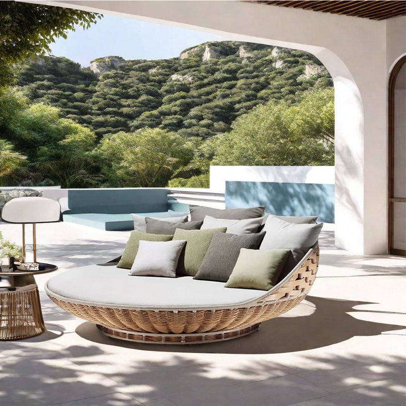 70.87'' Wide Circle Wicker Patio Daybed with Cushions, Gray, Brown