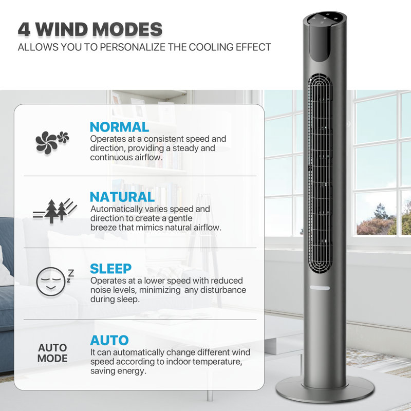 45" Bladeless Tower Fan, 70 Degree Oscillating Floor Fan with Remote, 8 Speed, 4 Modes, 12H Timer, Space Gray