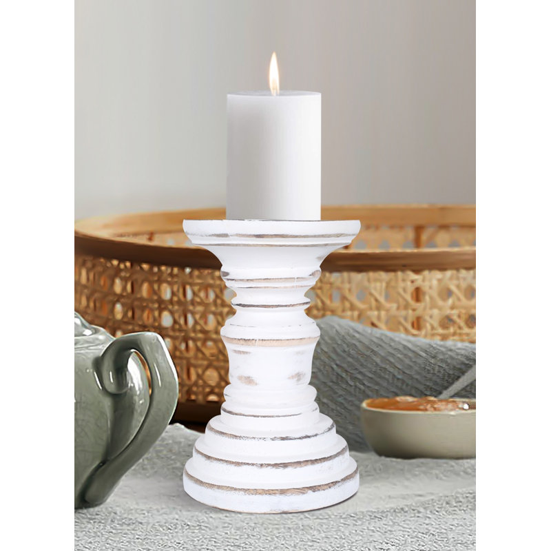 Wood Tabletop Candlestick, 13cm H x 10cm W x 10cm D