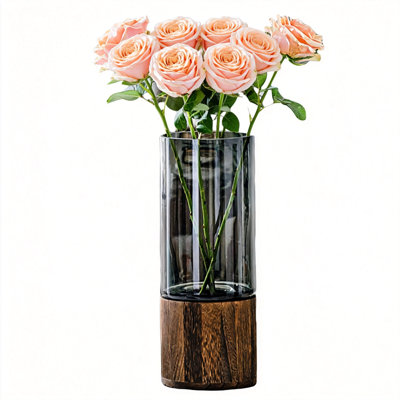 Classic Boho Rustic Cylindrical Flower Vase With Wooden Base, Artistic Glass Vase For Home Centerpiece (Brown)