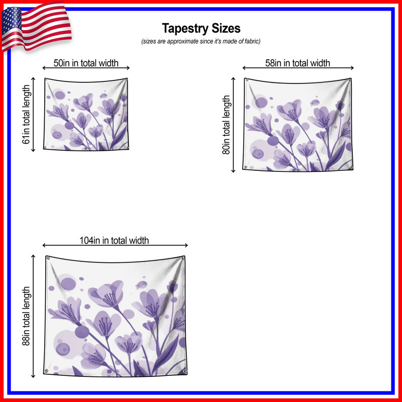 Tapisserie murale fleurs florales mauves - décoration murale fleurs, 68in H x80in W with 4 Grommets