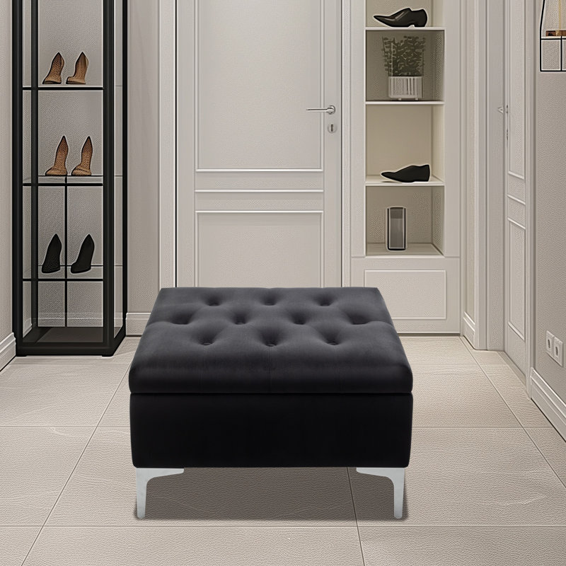 Manius Velvet Tufted Storage Ottoman, Black