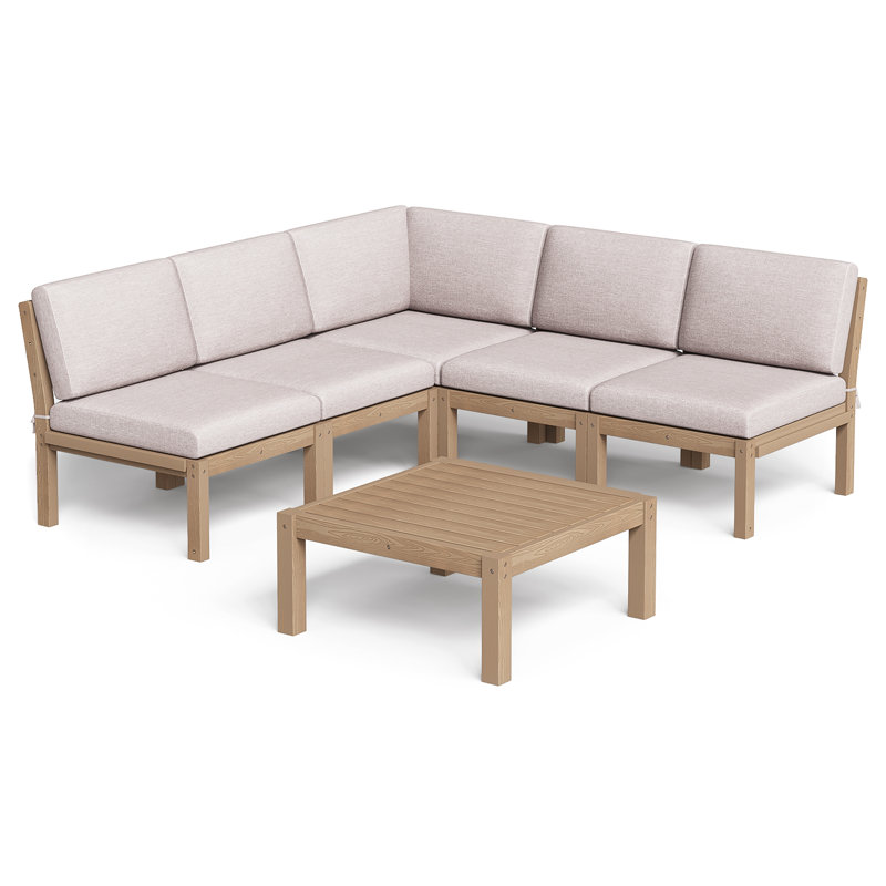 5 - Person Outdoor HIPS Patio Conversation Furniture Set, Teak, Beige Cushion/Teak Frame
