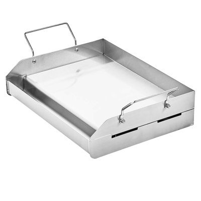 Plaque de cuisson plate en acier inoxydable 17 x 13 pouces pour barbecue universel - Haute résistance à la chaleur, poignées amovibles, bac à graisse, parois latérales retenant les aliments, supporte jusqu'à 500 °C.