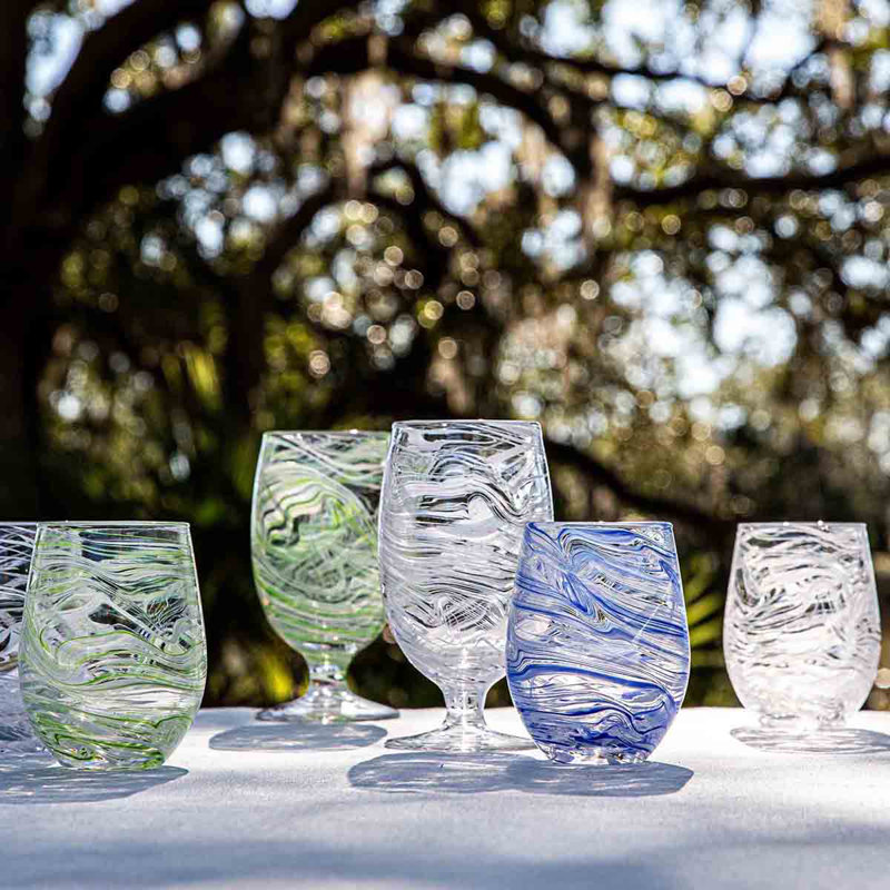Puro Marbled Stemless Wine Glass, Blue