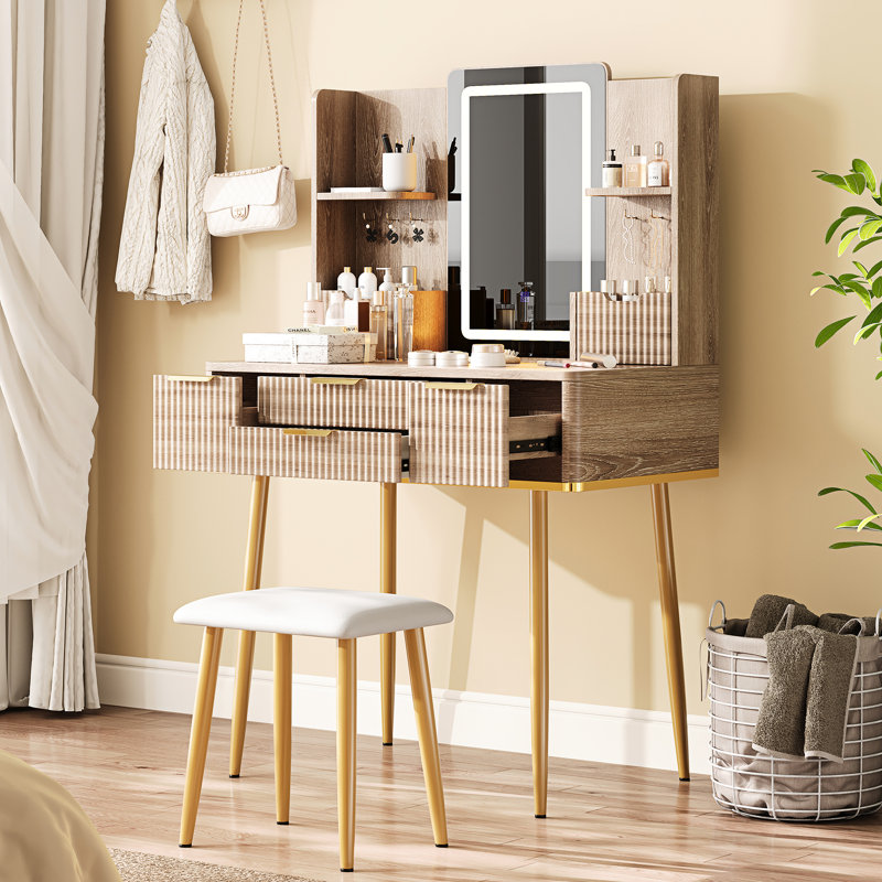 Meuble-lavabo à DEL avec 4 tiroirs, conception cannelée et tabouret en polyuréthane, miroir tricolore à 3 tiroirs en métal brun-brun, température de rangement confortable