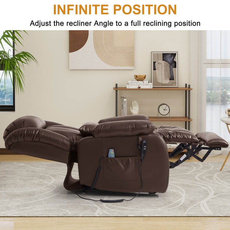 Power Lift Recliner Chair Dual Motor, 180° Lay Flat Recliners for Adult & Elderly with Heat & Massage, Large, Type-C Charge, Lumbar Pillow for Living Room, Leather (Brown)