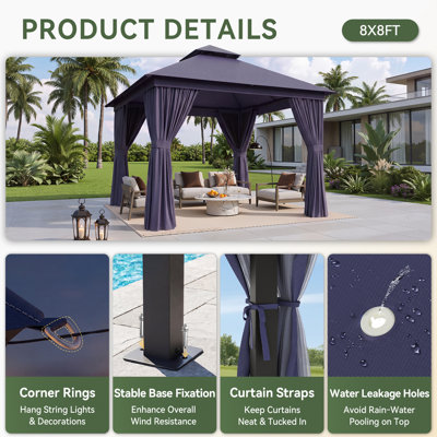 Pavillon de jardin extérieur 8 pi x 8 pi avec rideau et moustiquaire Aoxun, bleu, tente de réception robuste à double toit, tente de patio avec écrans à fermeture à glissière