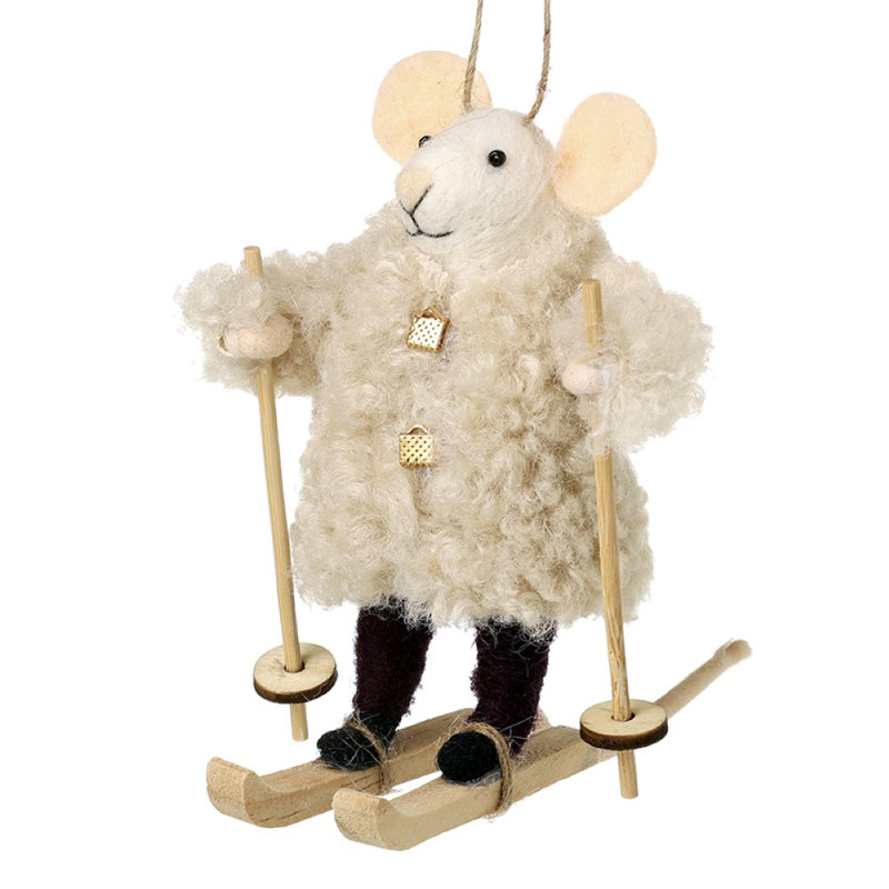Hanging Skiing Mouse Decoration, 12cm H x 8cm W x 9cm D, Beige, Black, White