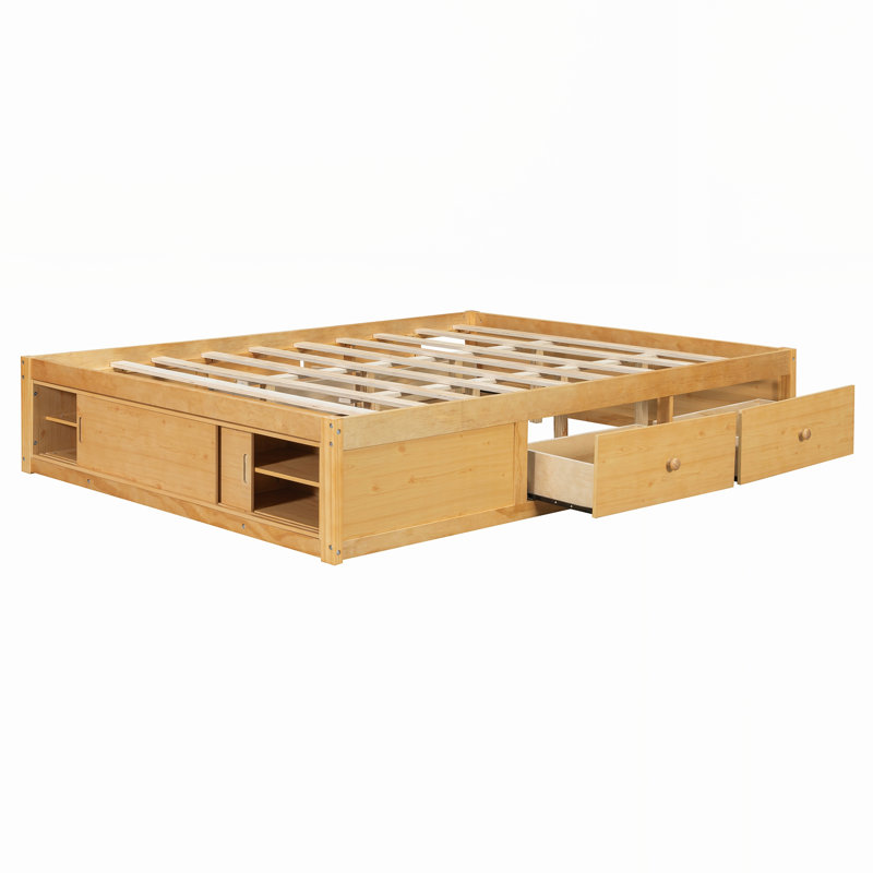 Grand lit plateforme avec 4 tiroirs de rangement et pied de lit, Naturel