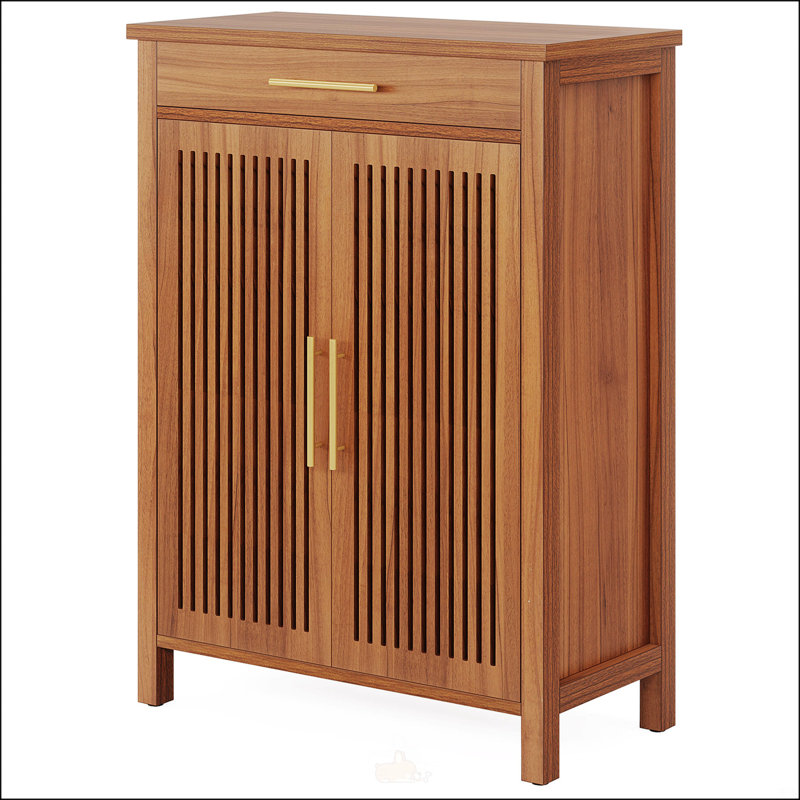 Meuble à chaussures en bois à 5 niveaux avec portes à persiennes et tiroir, rangement autoportant pour vestibule, couloir, garde-robe