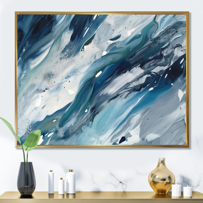 «Bliss Of Happiness» abstrait en bleu rétro I - peinture murale abstraite, H 30 po x l 40 po x P 1,5 po, Cadre flottant doré