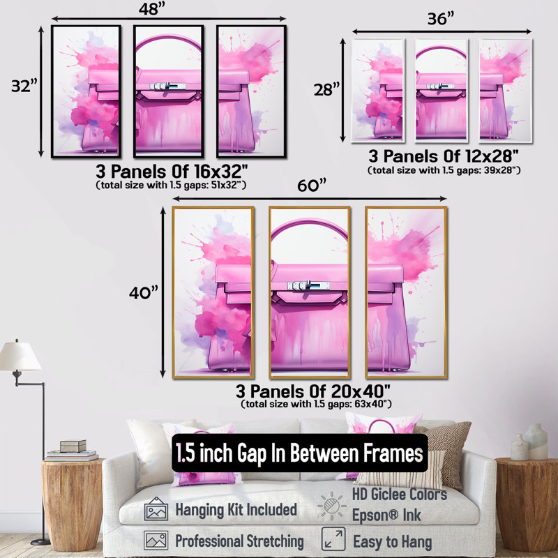 Sac à main rose «Elegance» - art mural, H 28 po x l 36 po, Cadre flottant noir