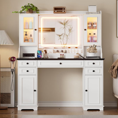 Farmhouse Makeup Vanity With Power Outlet & Mirror, 3 Light Mode