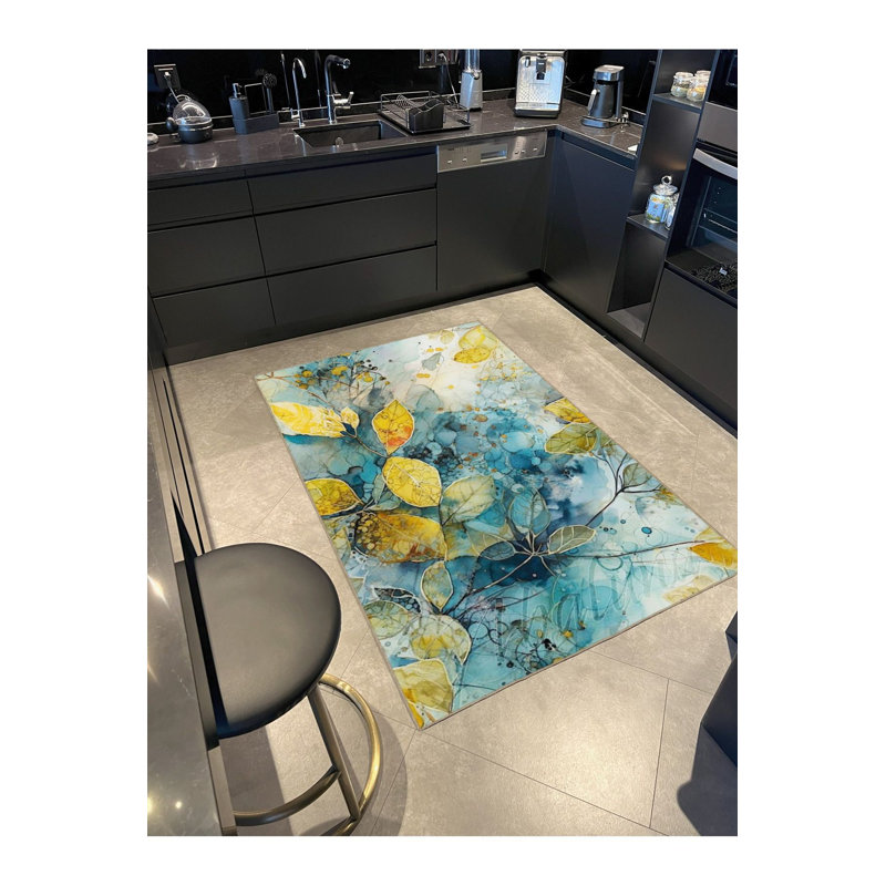 Tapis lavable à motif floral bleu glacier et jaune, Rectangle 4 pi 7 po x 6 pi 7 po