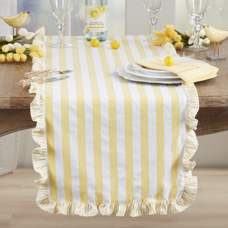 Striped Ruffle Edge Table Runner – Decorative Non-Reversible Cotton Blend Table Runner for Dining Table, 16"x72", Yellow