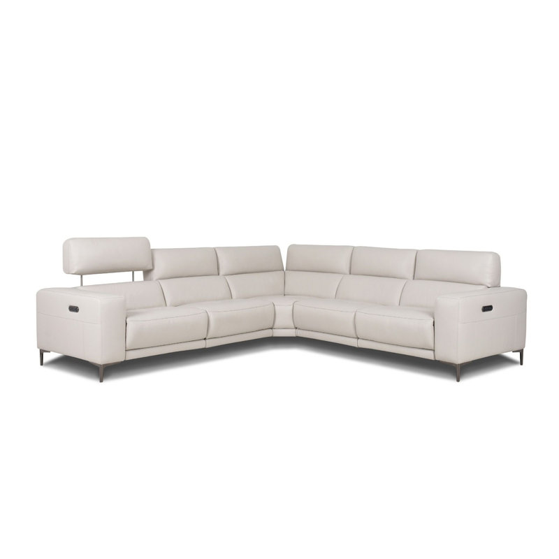 Upholstered Power Reclining Curved Sectional Symmetrical, Light Gray Genuine Leather