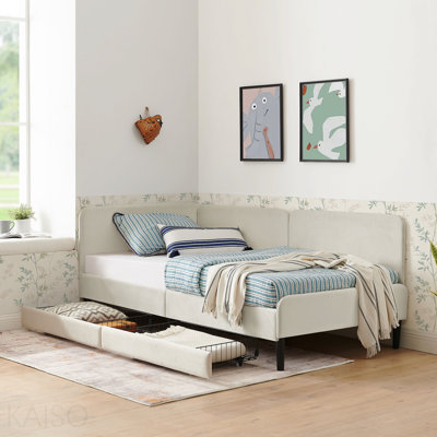 Twin Size Upholstered Platform Bed Frame With 2 Storage Drawers, Adjustable Velvet Sofa Bed, Beige