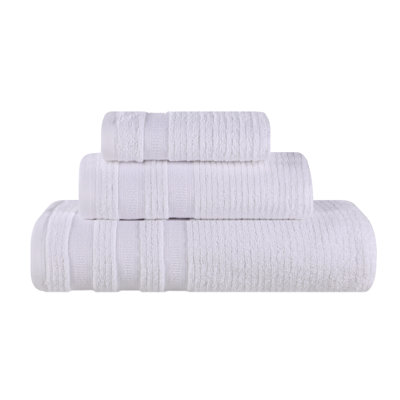Hershal Zero Twist Cotton Ribbed Modern Geometric Border Soft 3 Piece Bathroom Towel Set