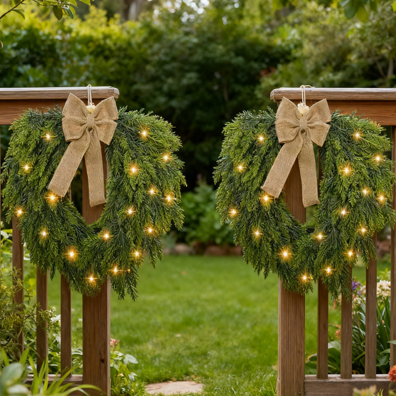 2 pièces couronne de Noël en pin de 20 po Norfolk pour porte d'entrée Couronne de cèdre artificielle verte pré-éclairée avec arc pour porte de Noël, mur, fenêtre, décoration de manteau