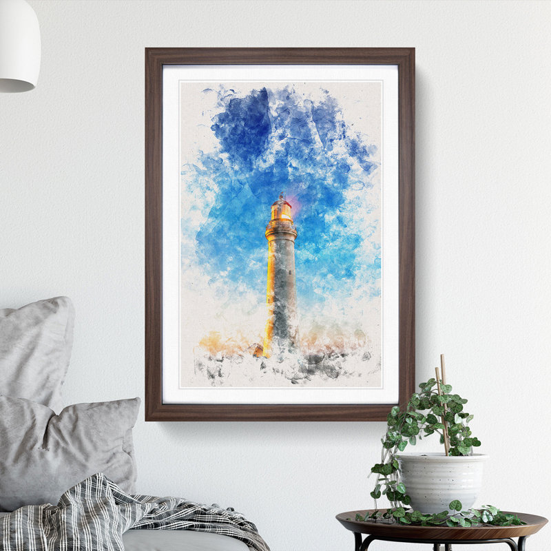 Cape Nelson Lighthouse Australia Watercolour - Picture Frame Graphic Art, 33cm H x 24cm W x 2cm D, Walnut Framed