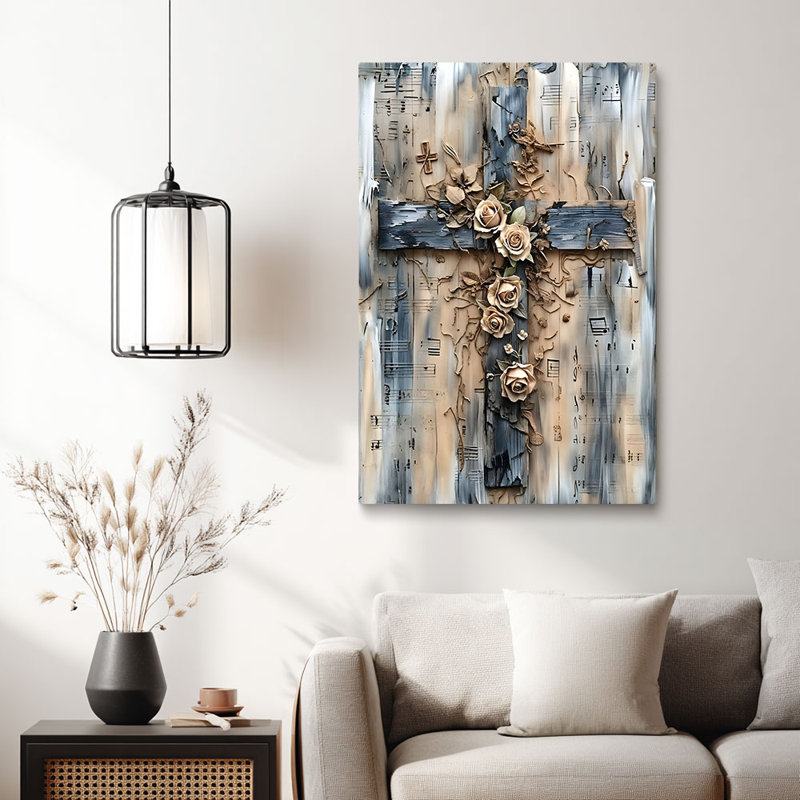 Cadre spirituel tendu en toile texturée «Rustic Cross with Roses & Partition», 12 * 8 pouces (30 * 20 * 2cm)
