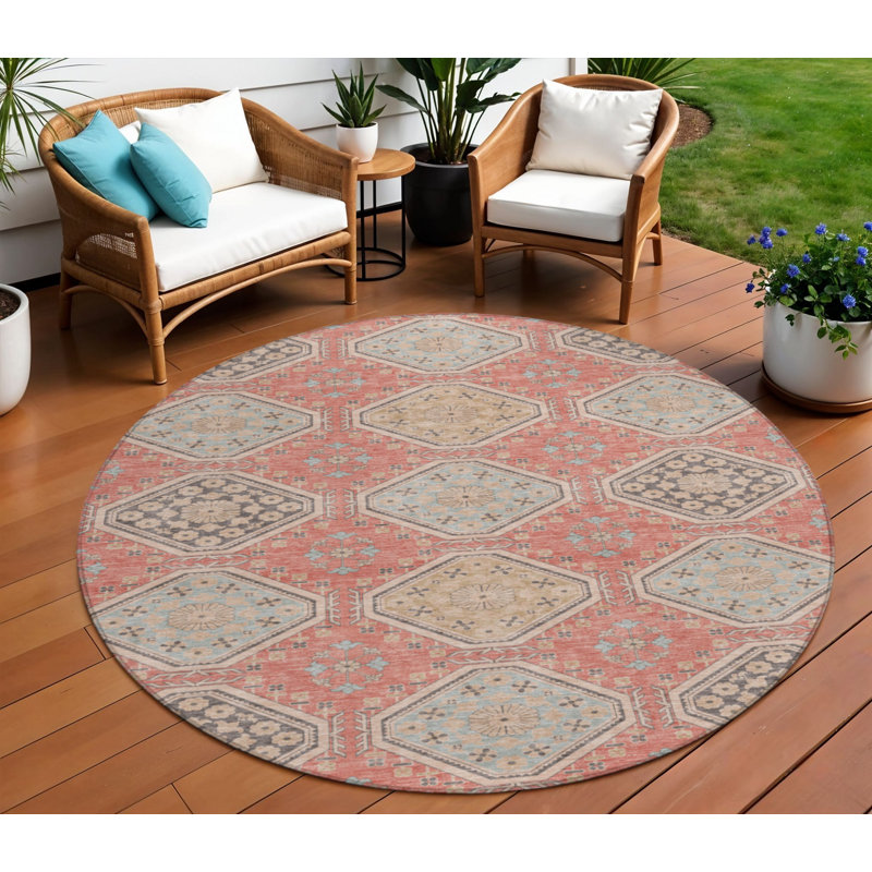 Tapis d'intérieur rond lavable floral 8 pi saumon et beige