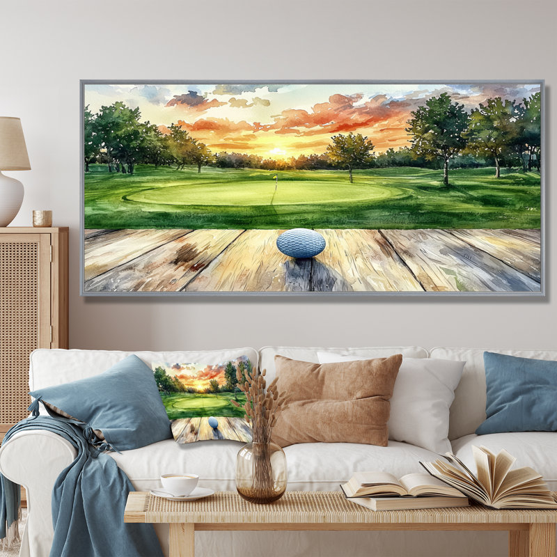 Pratique de golf sur un plateau en bois - Art mural de golf, H 28 po x l 60 po, Cadre flottant, Argent argent