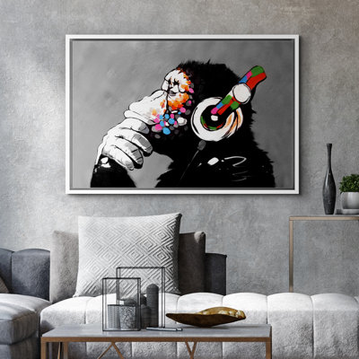 Pop Urban Street "Banksy Thinking Monkey With Headphones Artwork, Graffiti & Street Pop Art Modern Urban Multicolor Wall Pictures, Large Framed Canvas Giclee Print Wall Art"