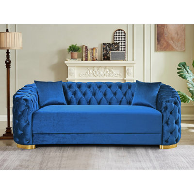 89" Luxury Velvet Sofa Chesterfield Button Tufted Couch With 2 Pillows & Metal Legs
