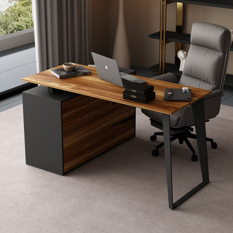 Contemporary L-Shaped Desk With Storage Cabinet And Wide Workspace - Natural Wood And Black/White Finish, Black