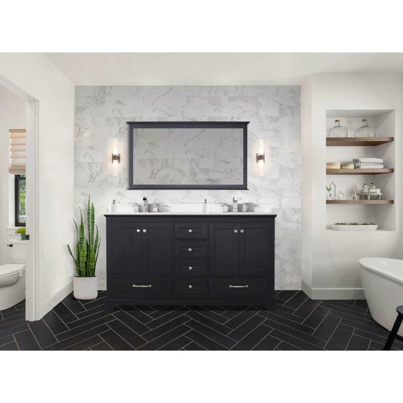 Meuble-lavabo double 60 po X P 22 po D, avec plateau en quartz blanc pour la maison, Brun