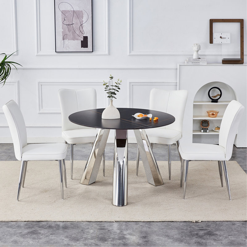 Ensemble de table de salle à manger en pierre frittée de 42 pouces avec ensemble de chaises en polyuréthane poli miroir