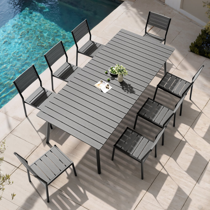  Georgean 8 - Person 94.5'' L  Aluminum Patio Dining Set with Stackable Chairs and Umbrella Hole, Gray