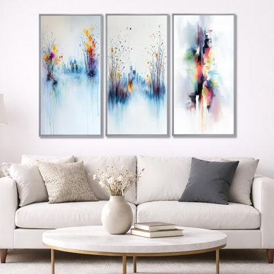 Urban Flux of Abstract New York at Night – Yellow Abstract Canvas Wall Art Print Set of 3