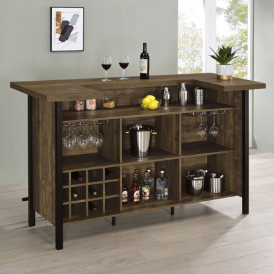 Bar Home en chêne rustique, structure en acier de gros calibre, verres à pied et plusieurs rangements pour manger en chêne avec amplement d'espace de divertissement