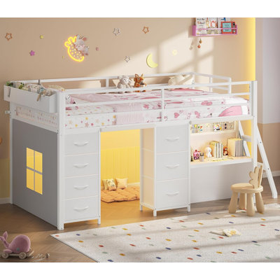 Loft Bed for Kids with Desk, 7 Drawers, LED Lights, Bedside Organizer, and Play Space – The Ultimate Study-Storage-Sleep System for Kids, White