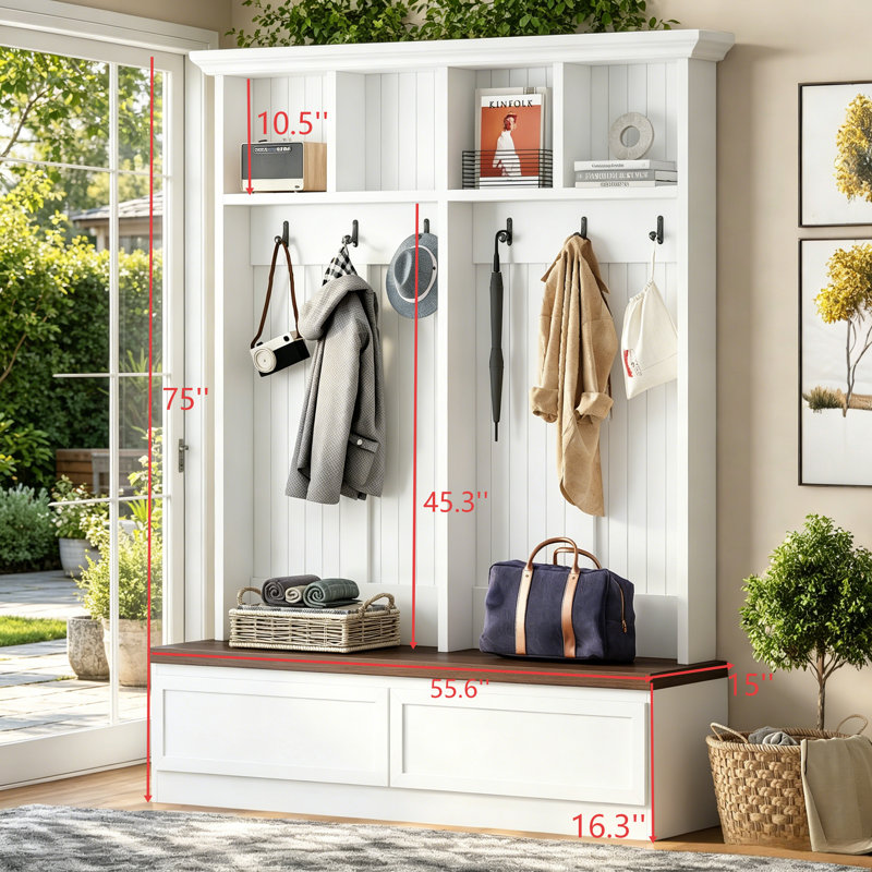 White Farmhouse 4-In-1 Hall Tree, 55.9 Inch Wide Mudroom Coat Rack With Wood Grain Bench & 2 Large Drawers, Entryway Storage Organizer
