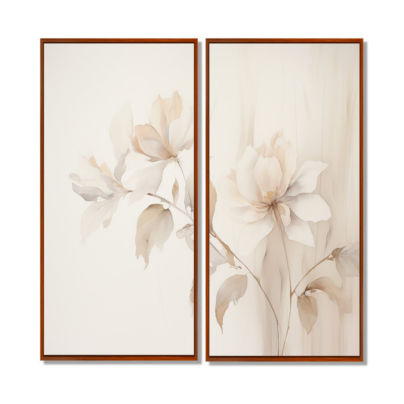 Élégance botanique blanche II - art mural moderne 2 panneaux, 20" H x 24" W, Impression encadrée flottante, Brown