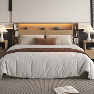 Headboard With Storage, Led Rgb Lighting, Usb & Ac Charging Ports – Recessed Baseboard Groove, Bookcase Shelves, Hidden Compartments by Latitude Run