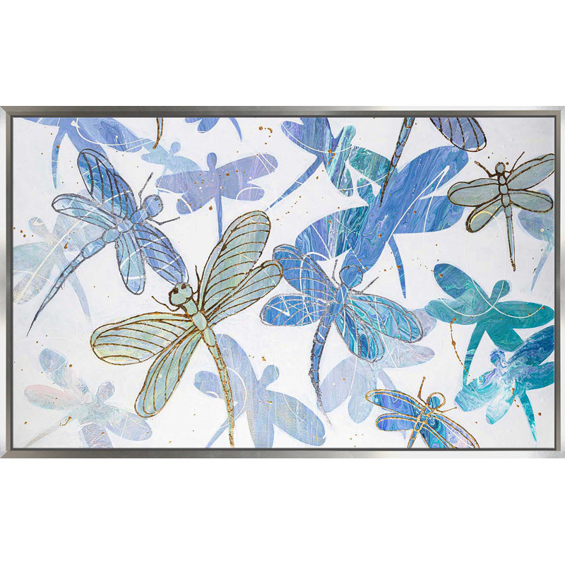 «Dancing Dragonflies» par Ruth Fromstein - peinture à cadre flottant, Cadre flottant argent, H 39,5 po x l 63,5 po x P 2 po