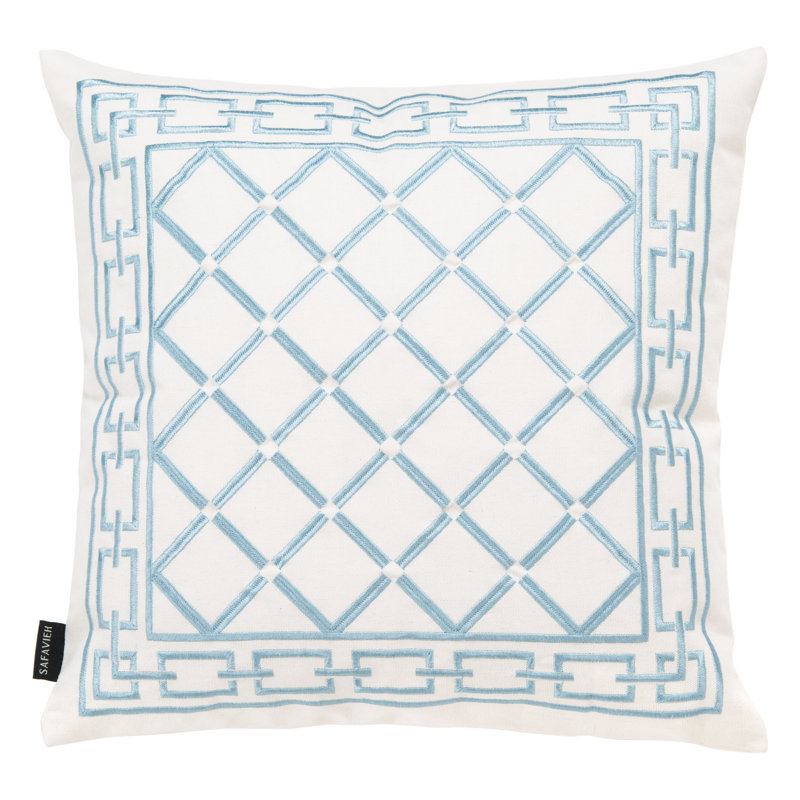 Blue and White Embroidered Cotton Square Throw Pillow
