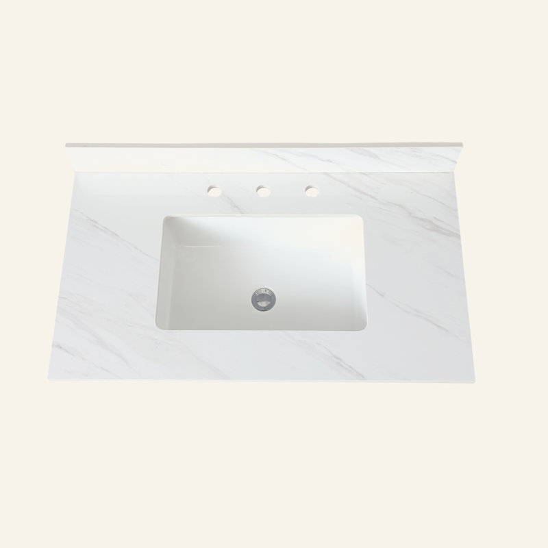 Comptoir de meuble-lavabo en marbre de 37 po, comptoir blanc avec trous de robinet pré-percés, comptoir de salle de bain avec lavabo central rectangulaire encastré et dosseret de 4 po de hauteur, Bianco Carrara Venato
