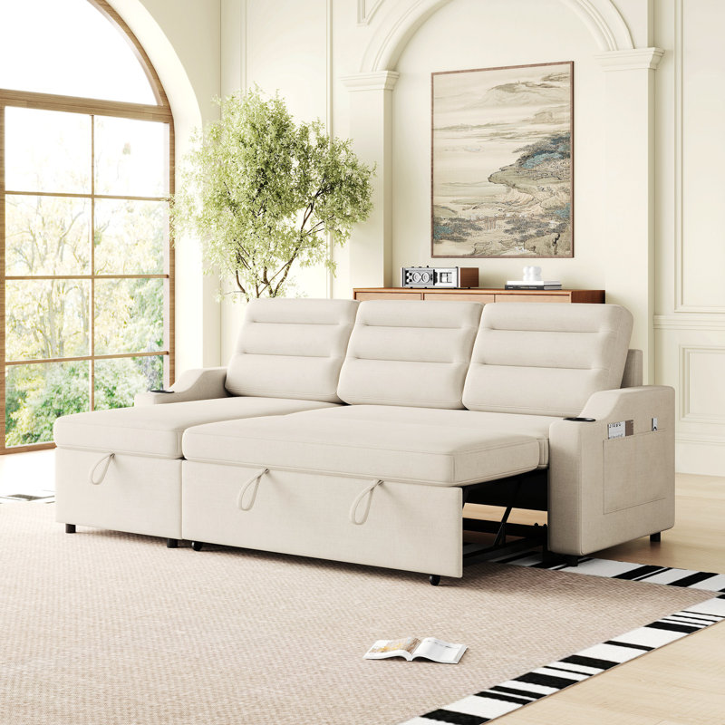 Convertible Sleeper Combo Sofa, Convertible Sofa Bed Polyester Pullout Bed With Storage Recliner And Cup Holder For Living Room, Tight Spaces