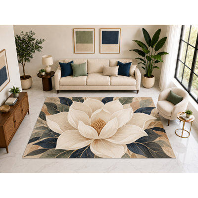 "Ultra Thin" 5' x 7' Magnolia Flower Botanical Area Rug, Soft Low Pile Indoor Rug with Non-Slip Silicone Backing for Living Room, Bedroom, Office, Family Room Decor