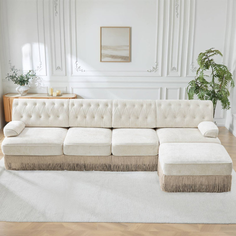 Canapé modulaire en L avec repose-pieds Chesterfield, Beige