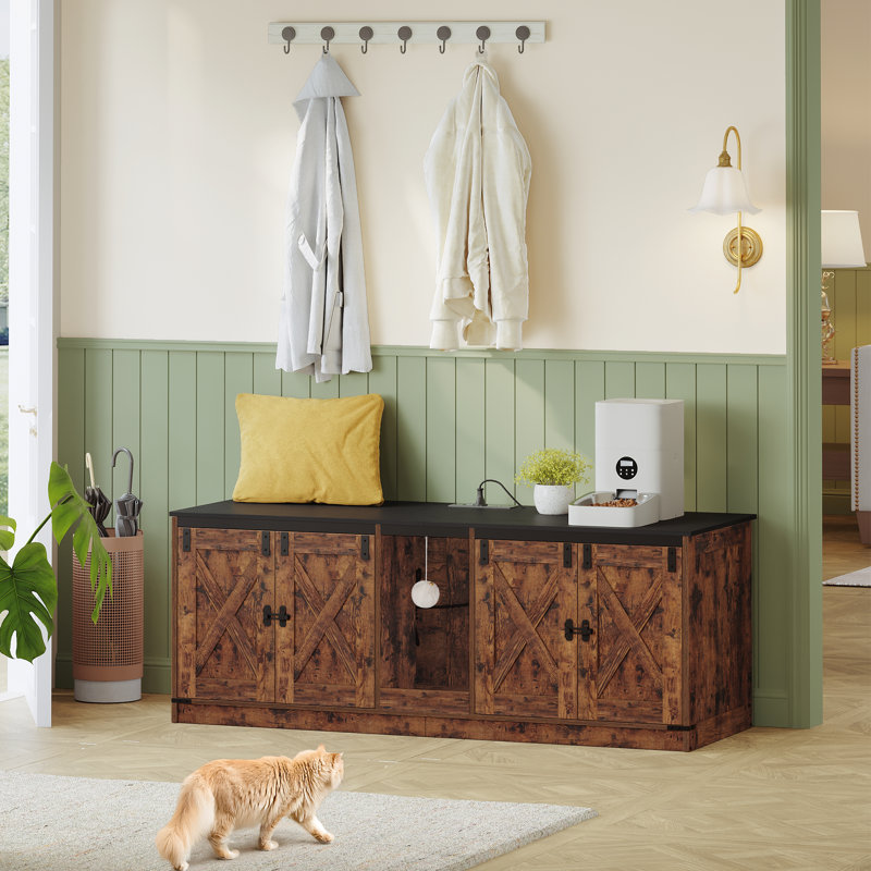 Cat Litter Box Enclosure  for 2 Cats,55.2" Hidden Litter Box Furniture Cabinet with USB Ports & Power Outlets, Indoor Cats House with Cat Bell, Farmhouse Style